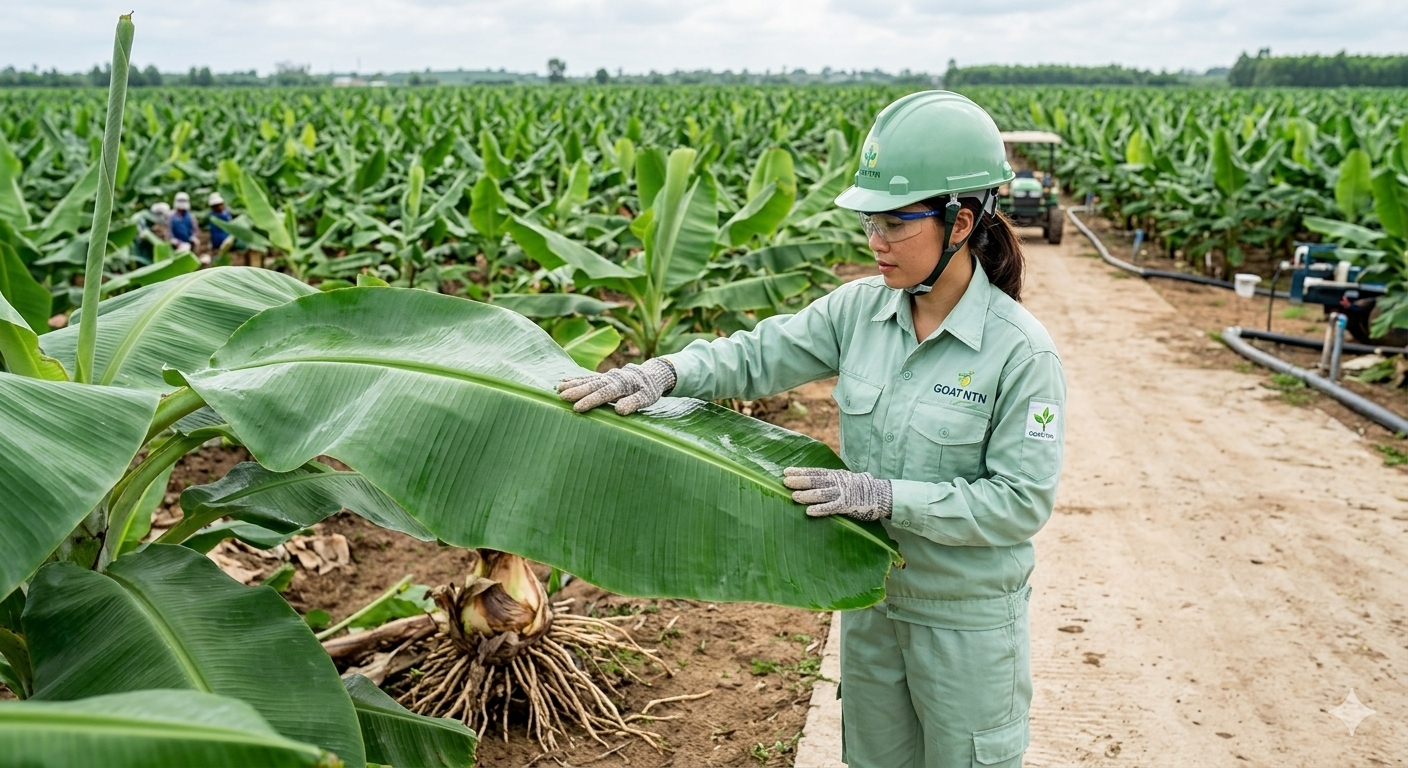 Bản lá chuối cấy mô trưởng thành to rộng xanh đậm và phủ lớp sáp bóng bảo vệ nhờ bổ sung đầy đủ Combi Chelate Ba Lan
