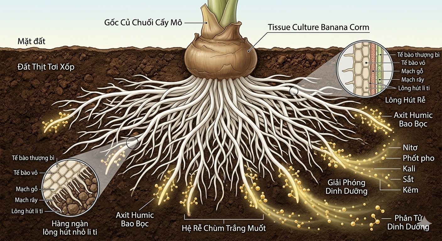 Cấu trúc hệ rễ chùm và lông hút màu trắng muốt của cây chuối cấy mô phát triển mạnh sau khi tưới Humic Ấn Độ cao cấp