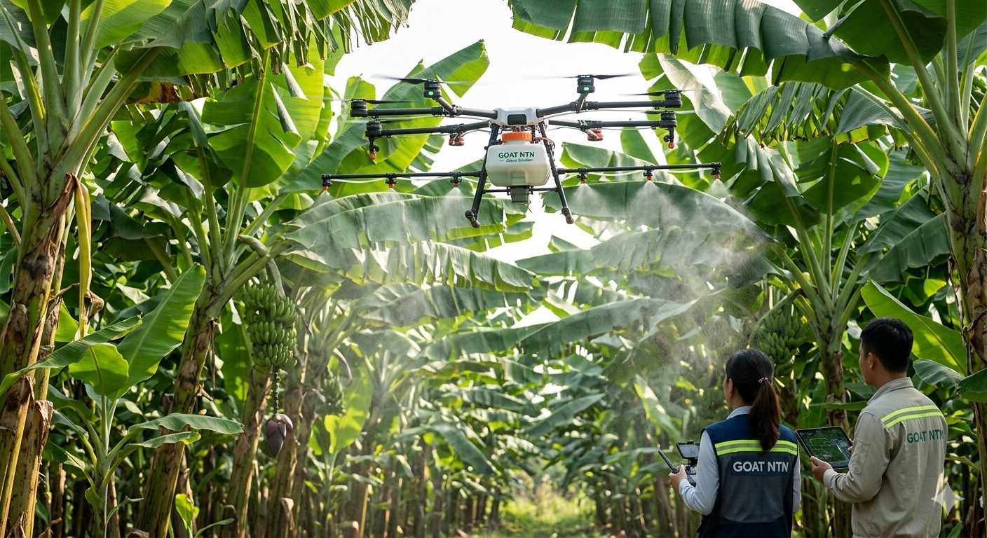 Thiet bi Drone phun thuoc dang suong ULV an toan tren vuon chuoi giai doan nuoi quay non